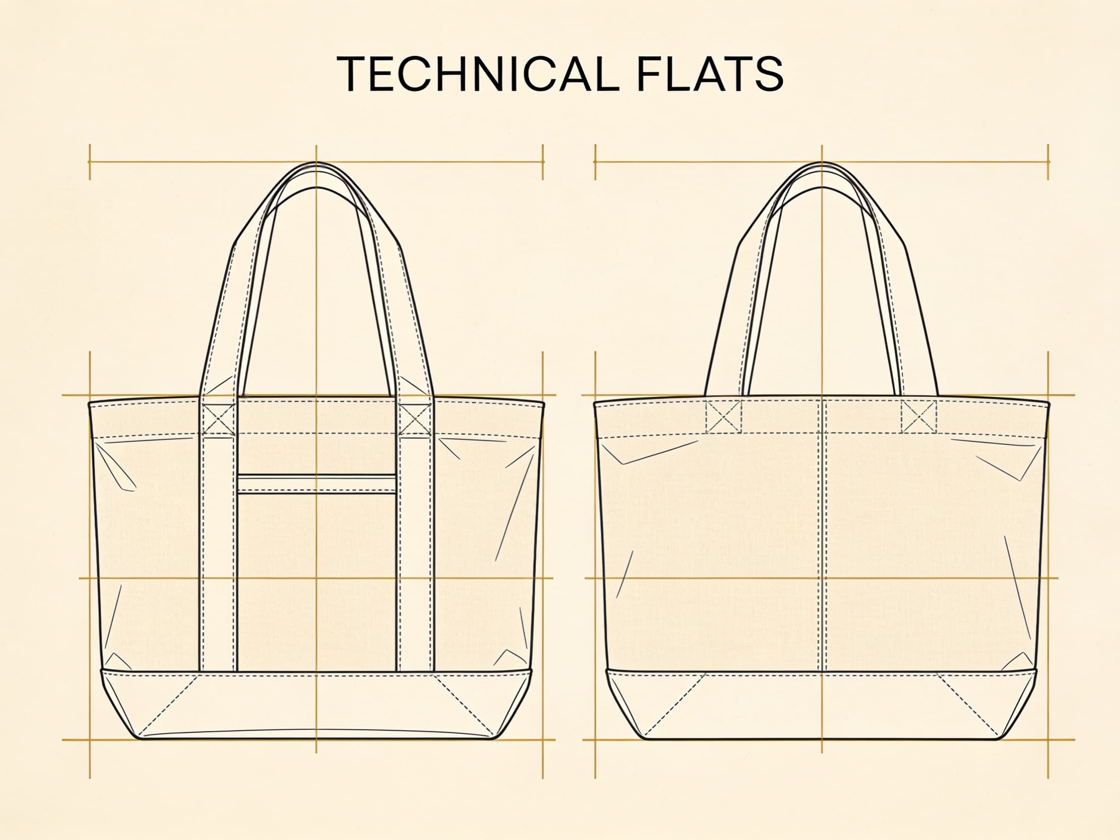 Technical flat sketches of a tote